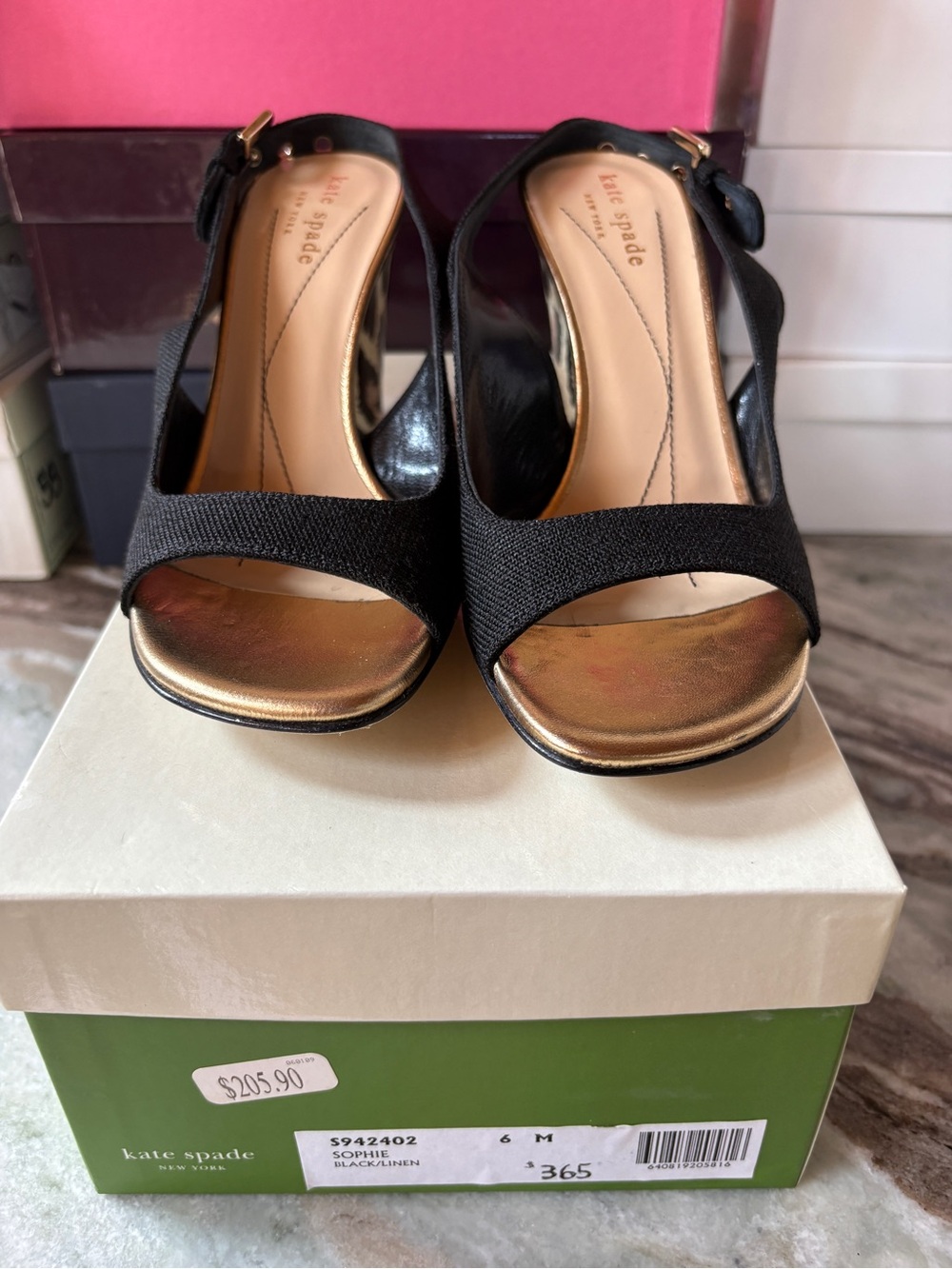 kate spade Black and Gold Open-Toe Slingback Heels